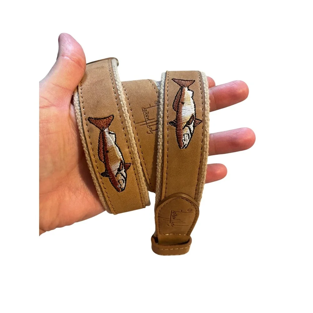Tan Redfish Embroidered Canvas Leather Belt Gold Buckle Size 36 by Guy Harvey